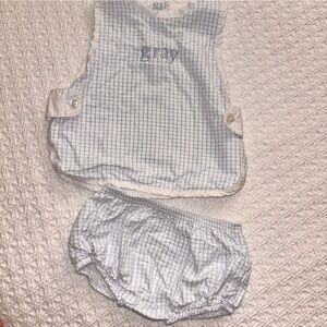 Cecil and Lou 12 month blue and white check diaper set “gray” name embroidered